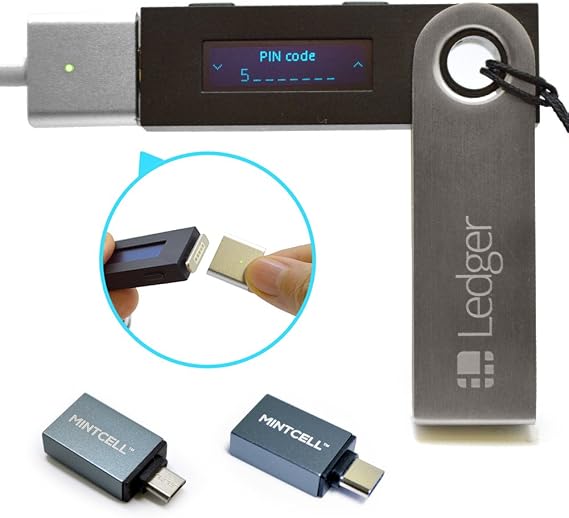 Ledger Nano S - Cryptocurrency Hardware Wallet with MintCell Magnetic USB Cable, USB C Adapter, Micro USB Adapter and Cable Tie Adds MacBook & Android Compatibility