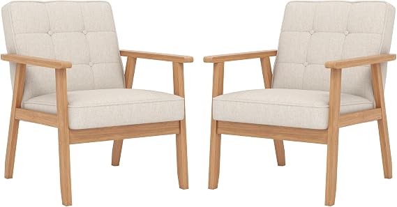 KCC Mid-Century Modern Linen Fabric Accent Chair Set of 2, Upholstered Tufted Leisure Chair Comfy Reading Side Chair with Armrest and Solid Wood Frame for Living Room Bedroom Balcony(Beige)