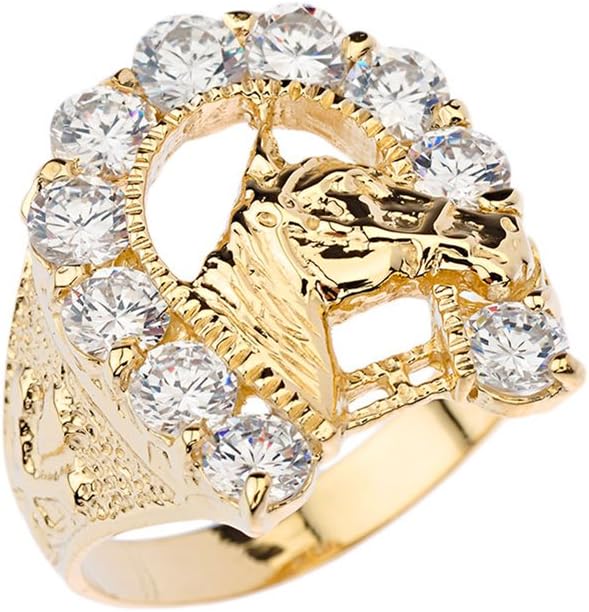 Men's Elegant CZ Lucky Horseshoe and Horse Head Ring in 14k Yellow Gold