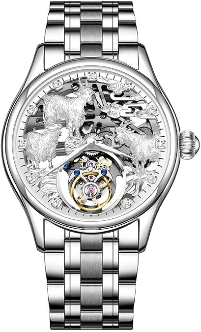 Flying Tourbillon Mechanical Hand Wind Wrist Watch Men Skeleton Diamond Dial Wristwatch Sapphire Double-Sided Hollow Clock Man Chinese Zodiac Sheep Pattern Meaning Sincere