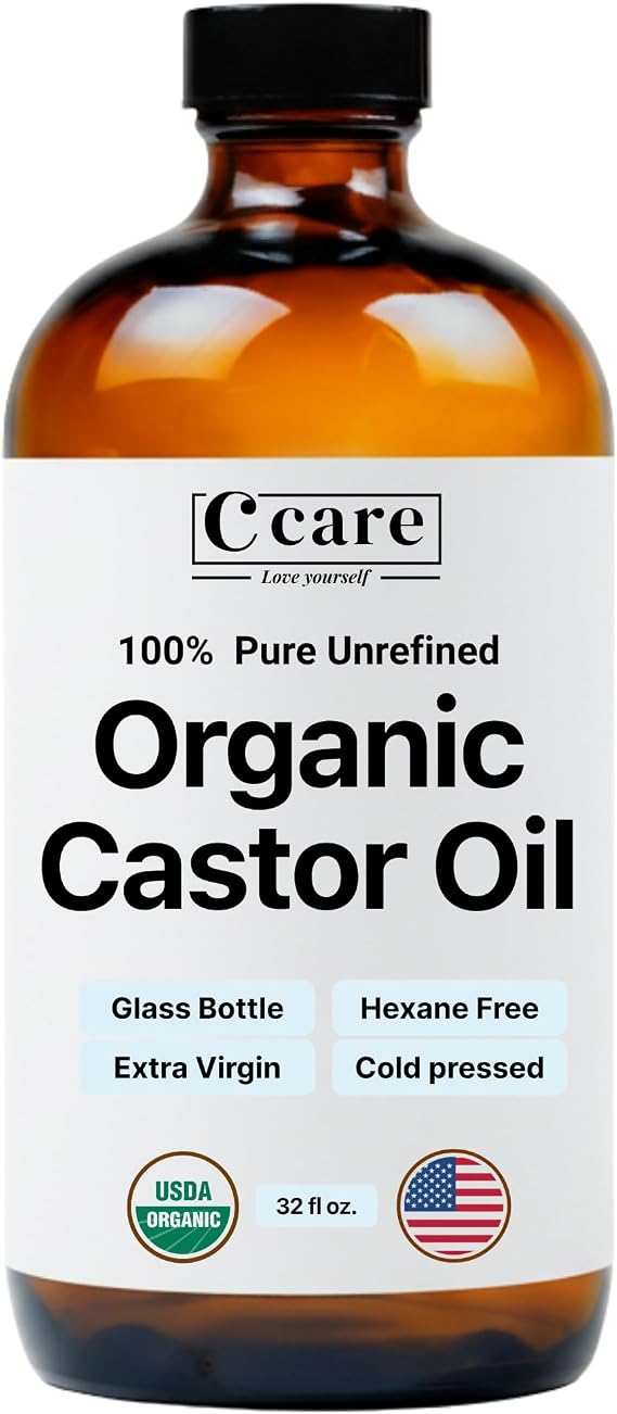 Castor Oil 100% Pure Organic Cold Pressed Unrefined Glass Bottle | USDA Certified Organic | Hexane Free Extra Virgin | for Hair Growth Eyebrows Eyelashes Skin and Castor Oil Pack Wrap