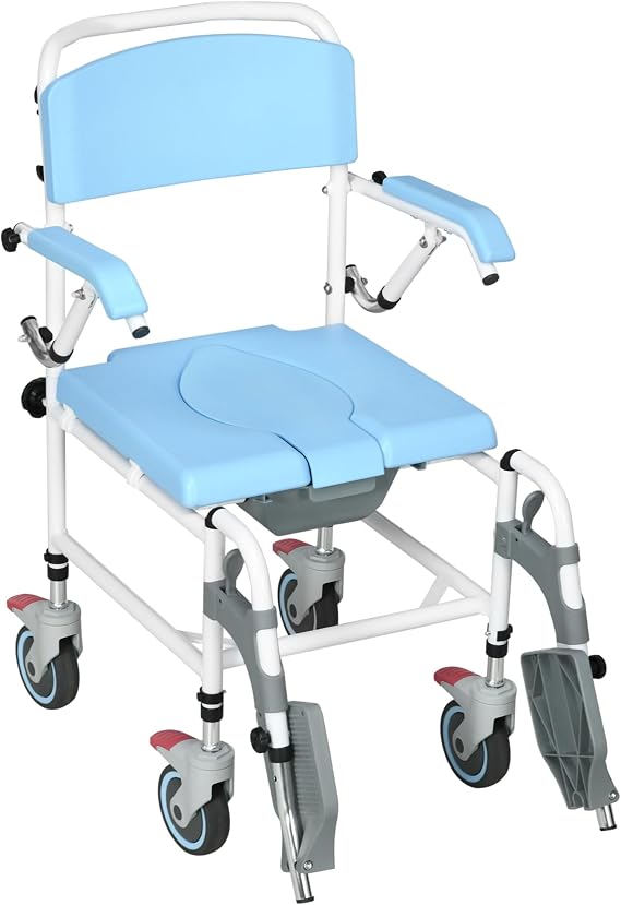 Accessibility Commode Wheelchair, Rolling Shower Wheelchair with 4 Wheels, Rectangle Detachable Bucket, Waterproof Design, 17" Seat Width, Blue