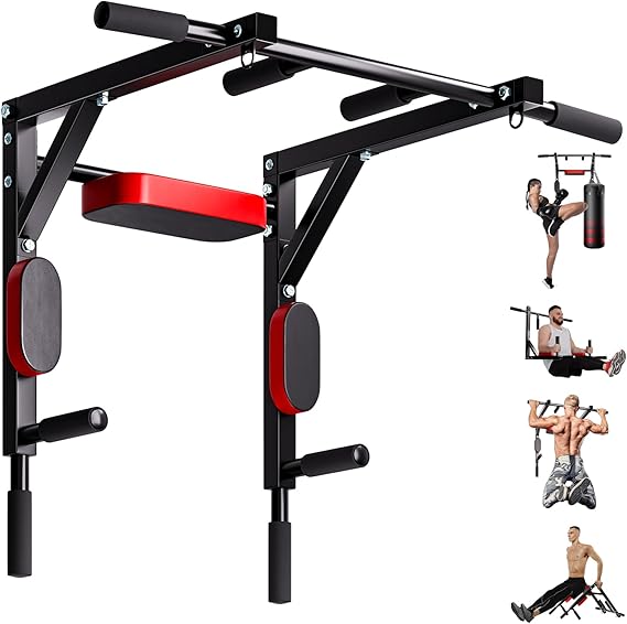 Multifunctional Wall Mounted Pull Up Bar and Dip Station, Heavy Duty Pull-up Chin Up Bar, Multifunctional Home Gym Workout Indoor Exercise Equipment Support to 440 Lbs Black