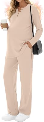 2 Piece Thermal Maternity Lounge Set Postpartum Pregnancy Fleece Loungewear Long Sleeve Top and Wide Leg Pant