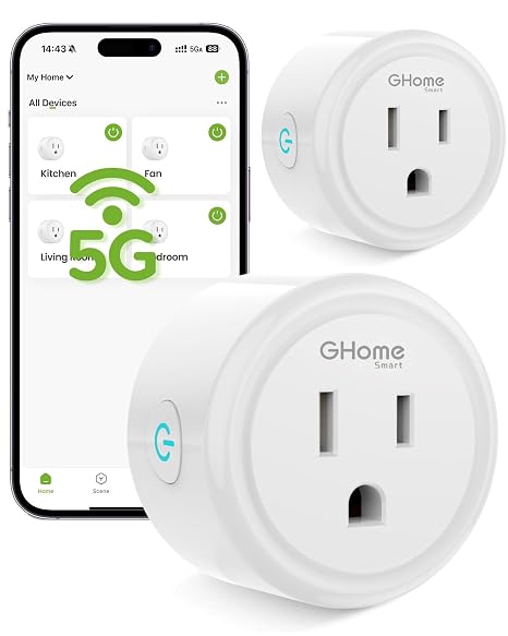 GHome Smart 5G 15A WiFi Smart Plug Compatible with Alexa and Google Home, Outlet Timer Smart Home WiFi Outlet Timer with Remote Control, 5GHz and 2.4GHz Wi-Fi Sockets, ETL FCC Listed, White, 2 Pack