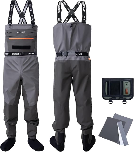Goture 5-Layer Breathable Stocking Foot Waders & Waist Gear, 5 Sizes | Waterproof Fly Fishing Waders with Handwarmer, Multi-pockets, Waist Belt, Fishing Chest Wader for Men, Ready to Gift