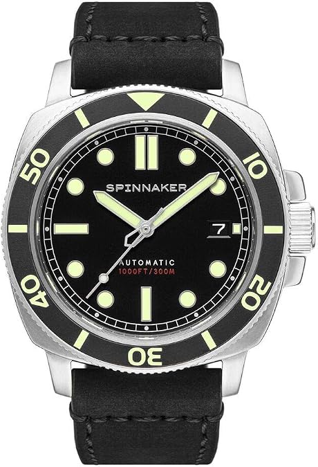 Spinnaker Hull Mens Watch - Automatic Dive Watch for Men, 42mm Stainless Steel Case, Black Leather Strap, 300m Water Resistance, SP-5088-01 - Tuxedo Black