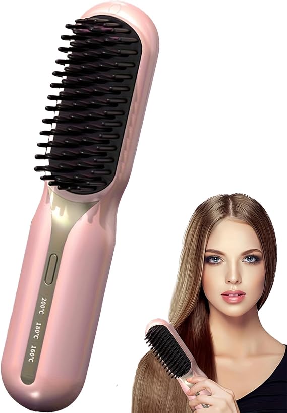 Cordless Hair Straightener and Curler 2-in-1, Plasma Technique, Portable Ceramic Hair Straightening Brush, 3 Temp Settings, Fast Heating, Mini Straightening Brush, Travel/Business, Gift for Women