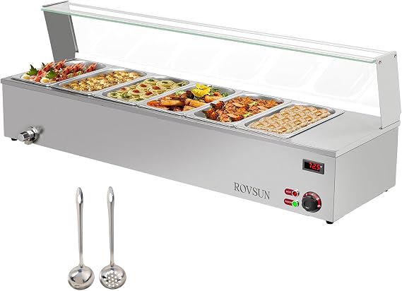 ROVSUN 48QT Steam Table, 6-Pan Electric Commercial Food Warmer Stainless Steel Bain Marie Countertop w/Glass Shield Temperature Control & Lid for Buffet Party Catering Restaurant 8QT/Pan 1500W 110V