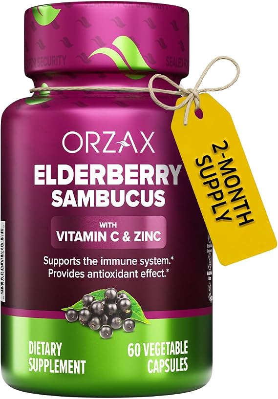 ORZAX Elderberry Capsules - Immune Support Supplement with Elderberry Vitamin C and Zinc - Antioxidants Supplement for Women and Men (60 Vegetable Capsules)