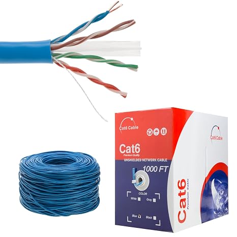 SATMAXIMUM CAT6 Cable 1000ft Pull Box Solid Ethernet LAN UTP Cable 23AWG 550Mhz RJ45 Network CCA Copper Clad Aluminum Wire Bulk, Blue