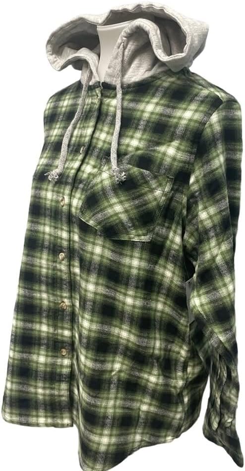 Time and Tru Women's Plaid Flannel Hoodie, Long Sleeve Button Up