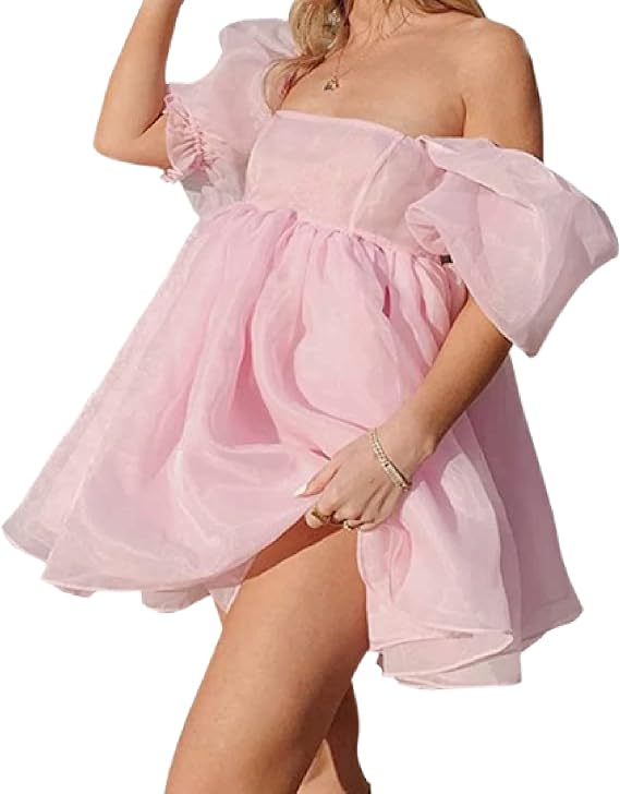 Fairy Mesh Tulle Dress for Women Puff Sleeve Mini Princess Dress Square Neck Prom Short Party Dress