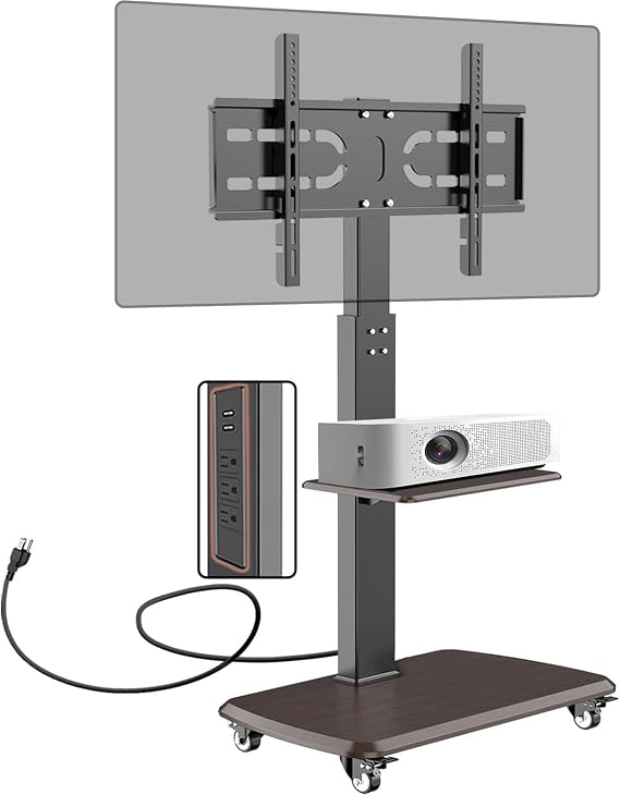 Swivel Rolling TV Stand with Power Outlet for 32-80 inch TVs up to 132 lbs | Portable Mobile TV Stand with Hand Crank Infinitely Adjustable Height Rolling TV Cart with Wheels