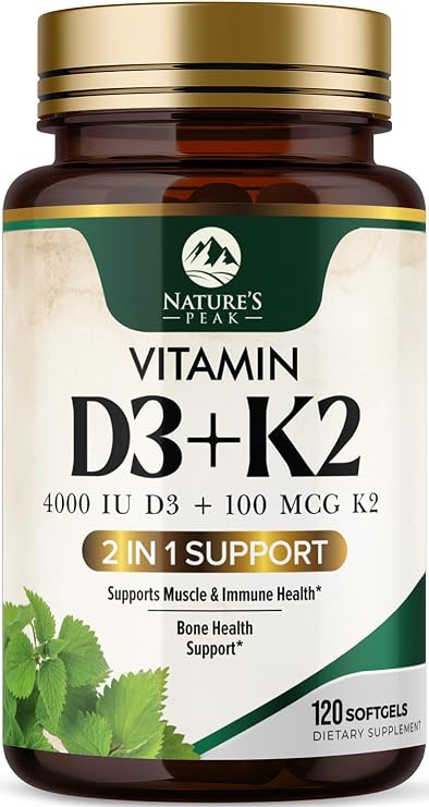 Vitamin D3 K2 - High Potency Vitamin D3 + K2 - 2-in-1 Complex Vitamin D & K2 (MK7) Supplement - Gluten Free - Bone & Immune Support - Vitamin D3 4000 IU Per Softgel - Bottled in the USA - 120 Softgels