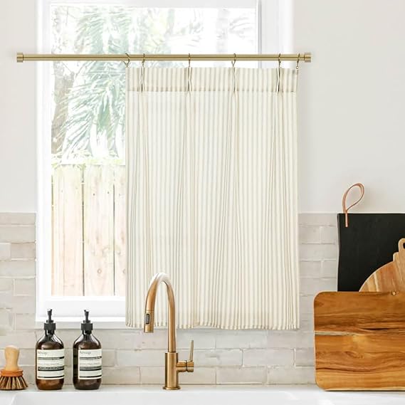 Lino Rosa Tan Striped Bathroom Window Curtains