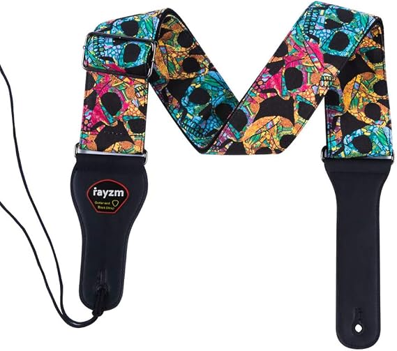 Rayzm Guitar Strap/Bass Strap, Cotton Belt for Acoustic/Electric/Bass Guitar with Pick Pocket & Cool Skull, Adjustable Length, 6.5cm Super Wide for Adults to Play Comfortably