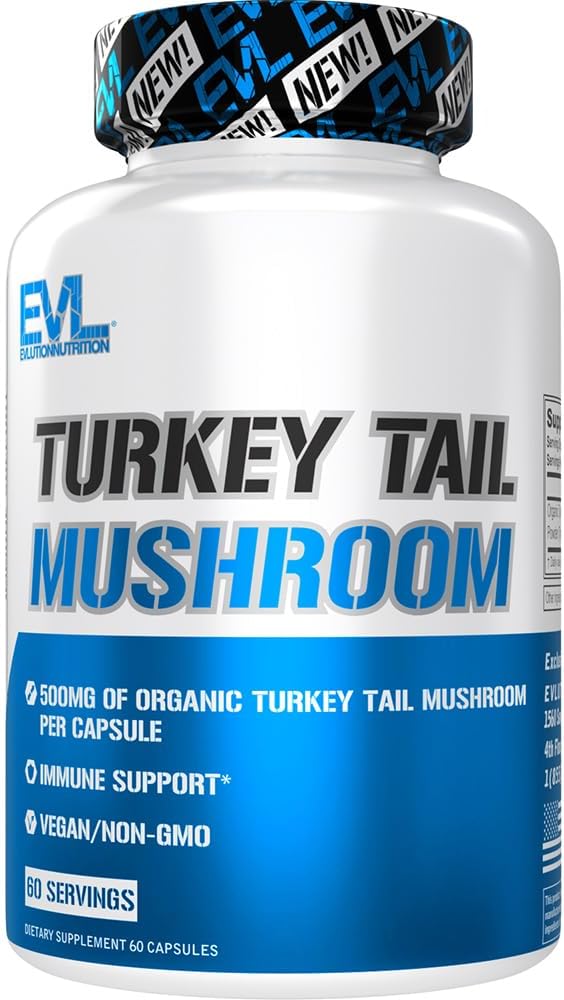 Evlution Nutrition Turkey Tail Mushroom - 500mg Organic Turkey Tail Mushroom per Capsule - Immune Support - Dietary Supplement - Vegan - 60 Servings - 60 Capsules
