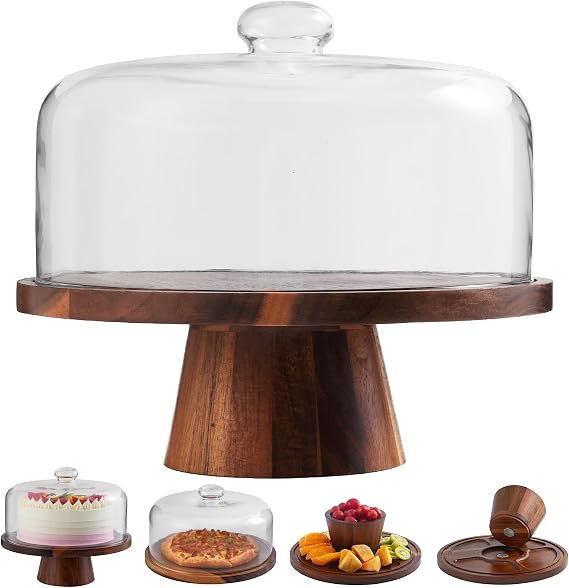Acacia Wood Cake Stand with Glass Lid12" Magnetic Base for Parties&Kitchen