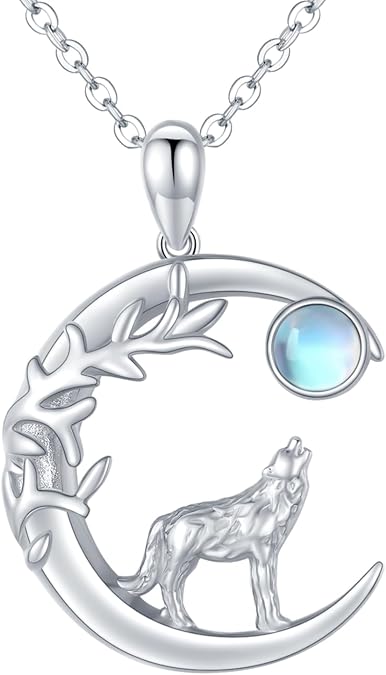 Wolf Necklace for Women S925 Sterling Silver Moonstone Celtic Wolf Necklace Tree of Life Pendant Animal Jewelry Gift for Mom Daughter Wife Halloween