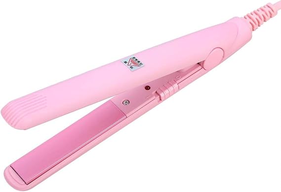 Ceramic Mini Hair Curler Straightener Flat Iron for Short Small Curling Tiny Irons Travel Size Bangs 2 in 1 Straightener Tourmaline Plate Beauty Heating Heats Up Fast (Pink)