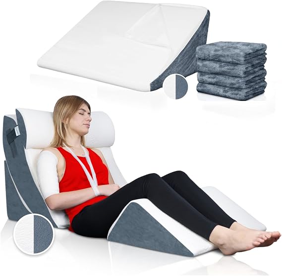 Lunix LX5 4pcs Adjustable Wedge Pillow Set White Navy + Extra White Navy Cover Memory Foam Support System for Back, Legs & Relaxation - Bundle and Save 10%