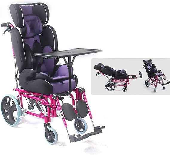 Mobile Foldable Full Reclining Child Wheelchair Cerebral Palsy High Backrest Wheelchair W/Dining Table Aluminum Alloy Lightweight Transit Chair for Aged 2-12 Driving Trolley
