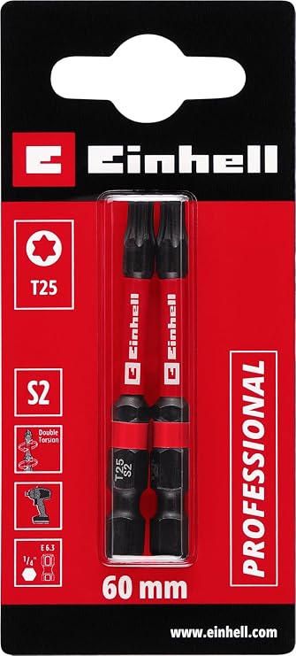 Einhell Torx bits uç 60 mm T25 S2 2 adet - 49132180 | Manganfosfatlı S2 çelik | çift torsiyon efekti | yüksek kullanım ömrü | E 6.3 şaft