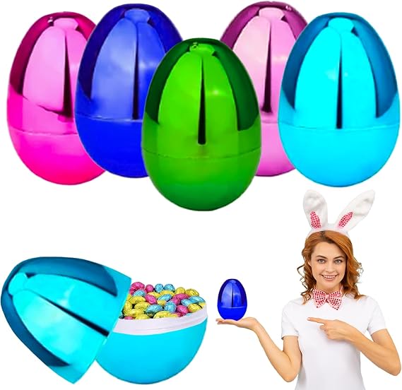 Chochkees Fillable Easter Eggs (6-Pack) 6 Inch Jumbo Metallic Colorful Plastic Easter Eggs, Stands Upright, Perfect for Easter Egg Hunt, Easter Hunt, Assorted Colors, 6" Giant Fillable Eggs