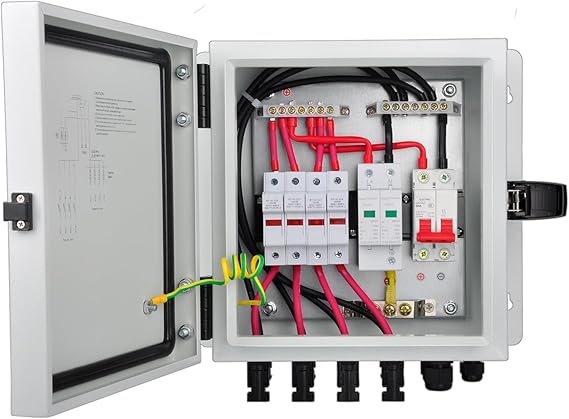 4 String PV Combiner Box with 15A Rated Current Fuse, Metal Box | Surge Protective Device and 50A Air Circuit Breaker for On/Off Grid Solar Panel System, Pre-Wired Cable