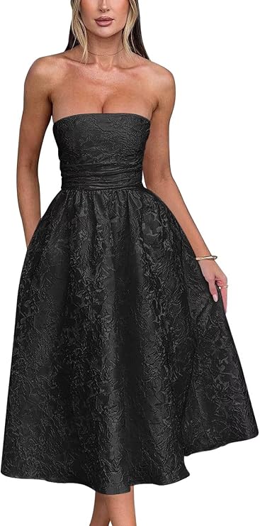 Basgute Floral Jacquard Satin Tea Length Prom Dresses for Women A Line Strapless Midi Corset Formal Evening Party Gown