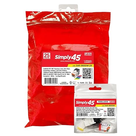 Simply45 Cat6/6A UTP 180 Degree Keystone Jack 110 Style, White, 25-Pack