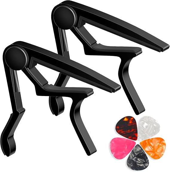 Guitar Capo for Acoustic, Classical, Electric Guitars, Ukulele, Mandolin, Banjo, and other string musical instruments, Quick Release, Memory Silicone Pad, Buzzing-Free (Black & Black)