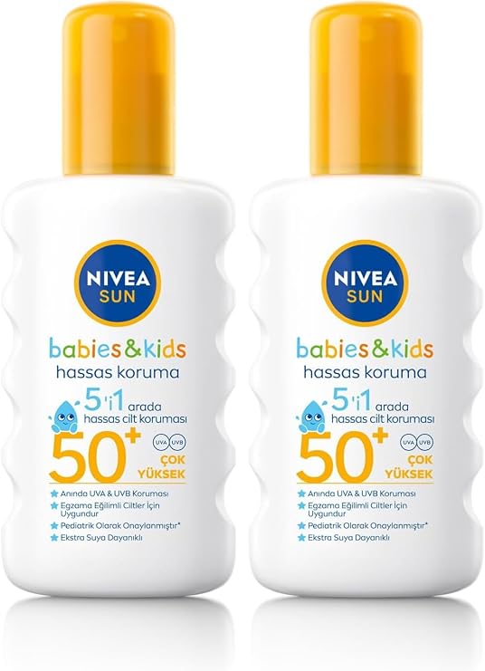 NIVEA SUN SPF50 Çocuklar İçin Hassas Güneş Koruyucu Vücut Spreyi 200ml, UVA Koruması, 5i 1 Arada Bakım (2 paketi)