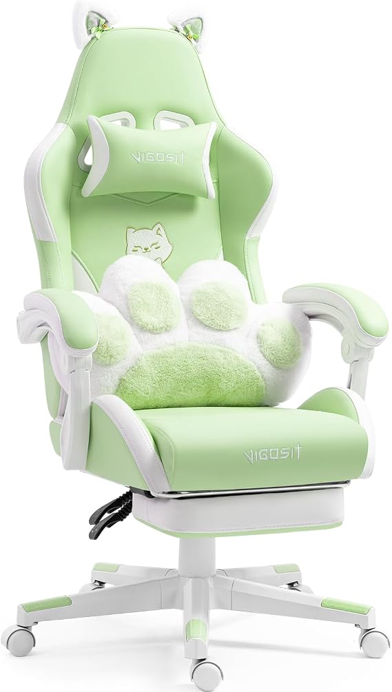 Gaming Chair Cute with Cat Ears Paw Lumbar and Cushion,Ergonomic Computer Chair with Footrest,Reclining PC Game Chair for Girl Computer Chair 300lbs