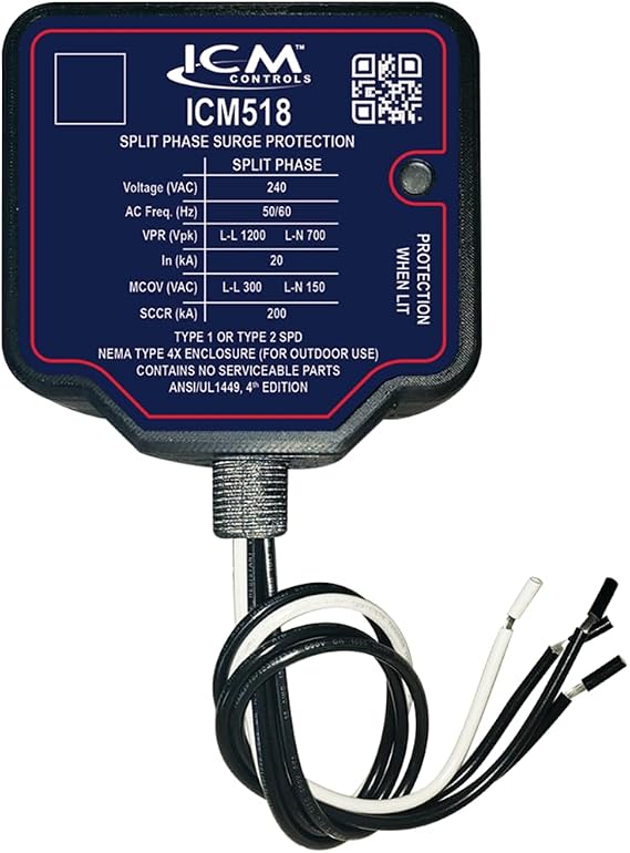 ICM518 240 VAC Split-Phase, Type I/II Whole House SPD, NEMA Type 4X Waterproof Plastic Enclosure with 3/4" Conduit Connection; UL Listed. Replacement for Eaton SP1-240S