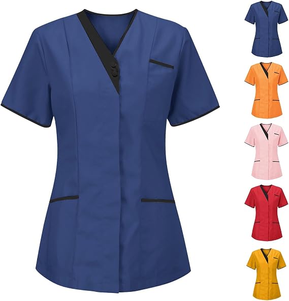 Women's V-Neck Scrub Top with Snap Front, 3 Pocket 2-Way Stretch V Neck Short Sleeve Work Clothes Nurse Uniforms