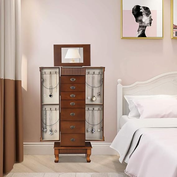 WATERJOY Jewelry Cabinet,Standing Jewelry Armoire Cabinet Storage Chest with Mirror,Jewellery Box Organizer Wooden,Jewelry Storage Armoire Hanging 6 Drawers Large Capacity
