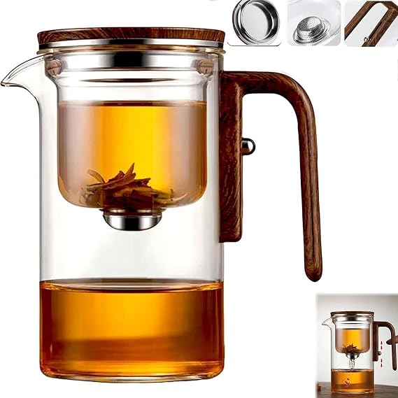 Enchantipot MagicTeaPot,Water Separation Glass Teapot with Wooden Handle, Enchantipot Magic Pot, Press Control Magic Tea Pot, For Loose Tea Witchcraft Teapot (900ML)