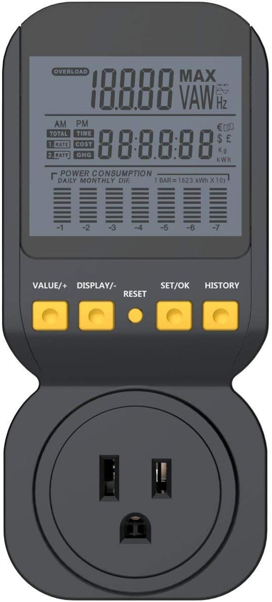 Electricity Usage Monitor by Spartan Power Energy Watt Meter with 15A Outlet, 1800 Watt Maximum SP-PM120