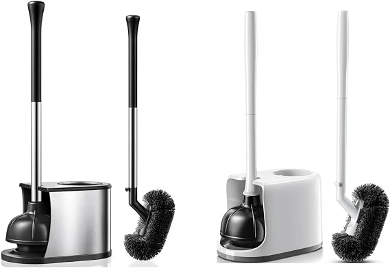 HAMITOR Toilet Plunger Bowl Brush Combo:Heavy Duty Rubber for Drain Clog Remover - Curved Design Bristles for Deep Cleaning Under Rim