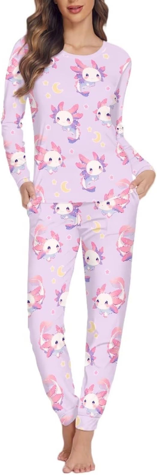 Women's Comfy Long Sleeve Pajama Set Causal Loose Fit Nightwear with Ankle Length Pants Crewneck Sleepwear Lounge Wear