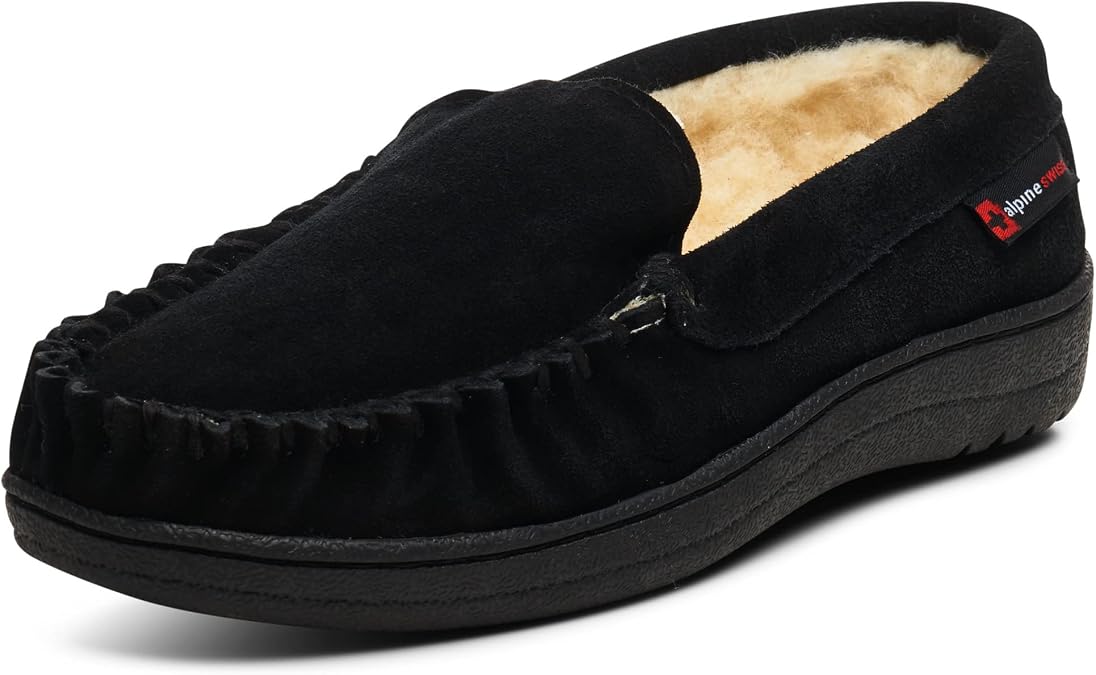 Alpine Swiss Mens Moccasin Slippers Genuine Suede Slip-On House Shoes Memory Foam Insoles Plush Faux Shearling Lining Comfortable Indoor Outdoor Slipper with Anti-Slip Rubber Sole