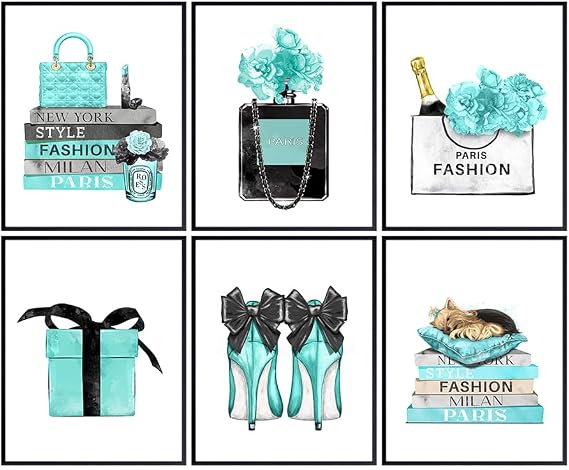 Glam Blue Wall Decor - High Fashion design - Designer Perfume, Shoes, Handbags - Glamour Wall Art Gift for Women, Girls Bedroom, Teens Room - Luxury Couture Poster Print Picture Set of 6