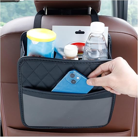 Car Seat Back Organizer, Leather Multipurpose Collapsible Vehicle Backseat Hanging Bag, Portable Automotive Interior Seat Storage Organizer, Universal for SUV RV Truck (Black)