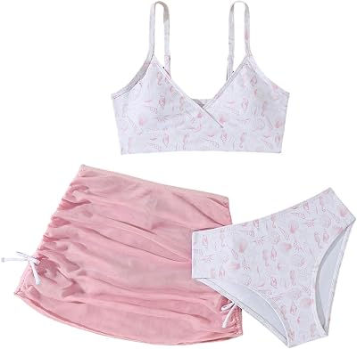 COZYEASE Girls 3 Piece Set Floral Print Bikini Swimsuit with Drawstring Beach Skirt Cute Ruched Bathing Suit