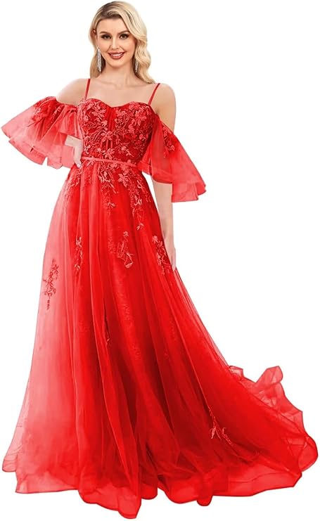 Off Shoulder Tulle Prom Dresses Lace Appliques Formal Dress Spaghetti Straps Ball Gown with Puffy Sleeve