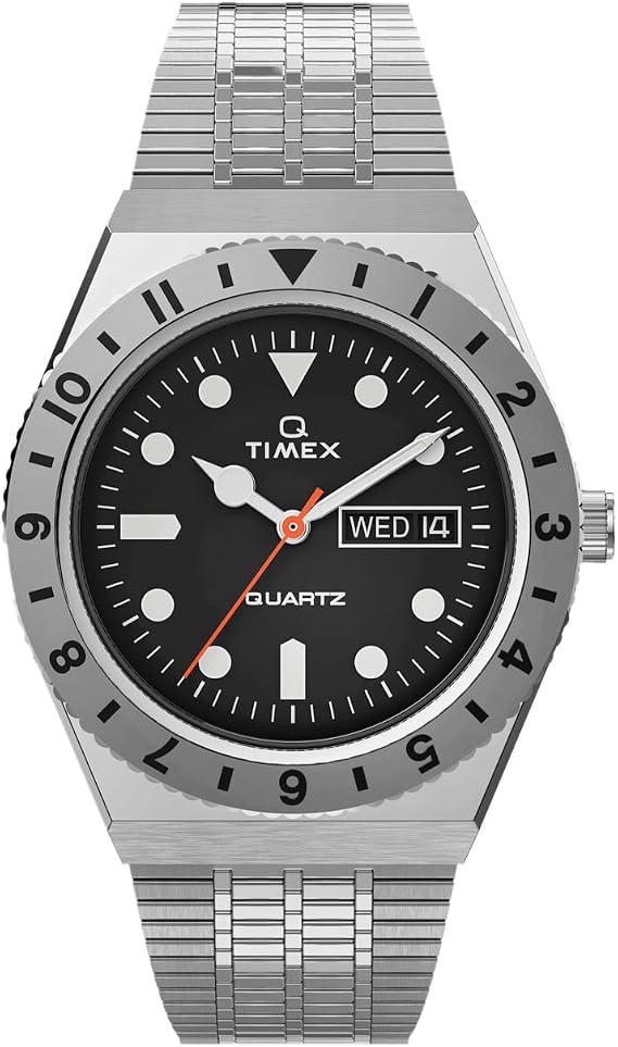 Timex Q Men's 38mm Watch Black Dial Silver-Tone Case & Top Ring with Stainless Steel Bracelet