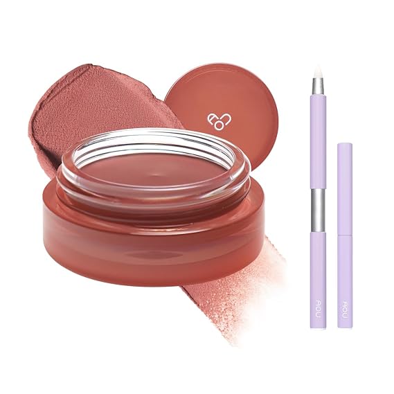 AOU FLOOFY MATTE BALM x Lip Brush - 01 Coral Balm & Pencil Brush | Tinted Blusher for Lips and Cheeks, Compact & Retractable Pencil Brush for Easy Carry with Pointed Tip