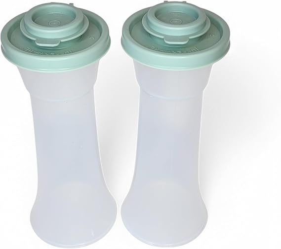 Tupperware Large Hourglass Salt and Pepper Shakers Clear Containers with Sage Green